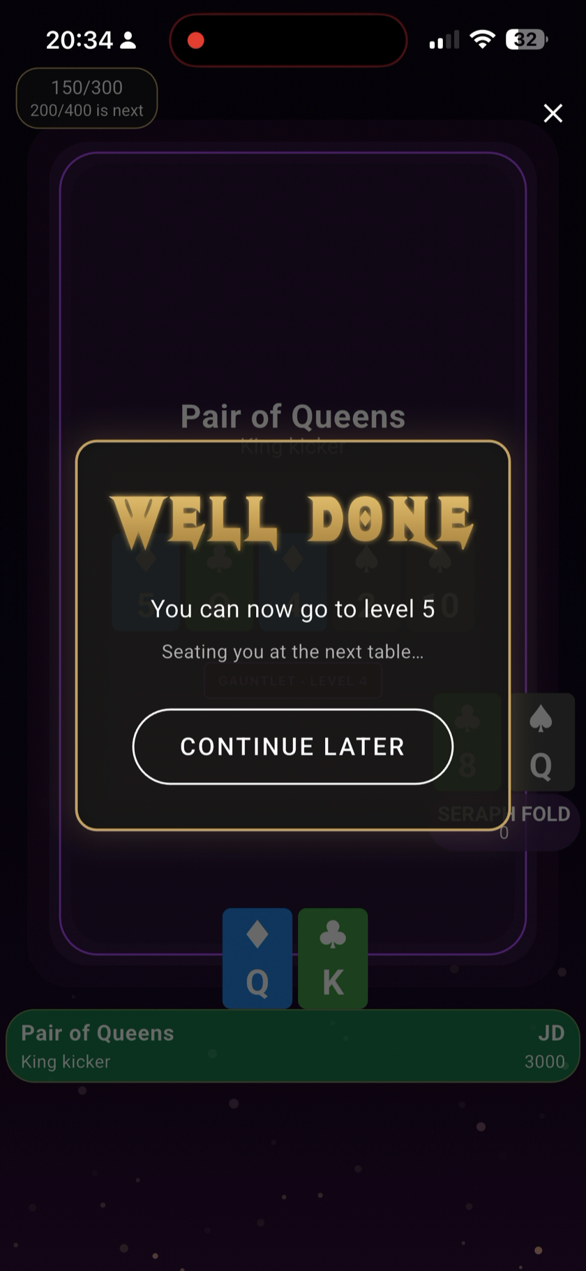 Gauntlet level-clear screen — well done, you can now go to level 5