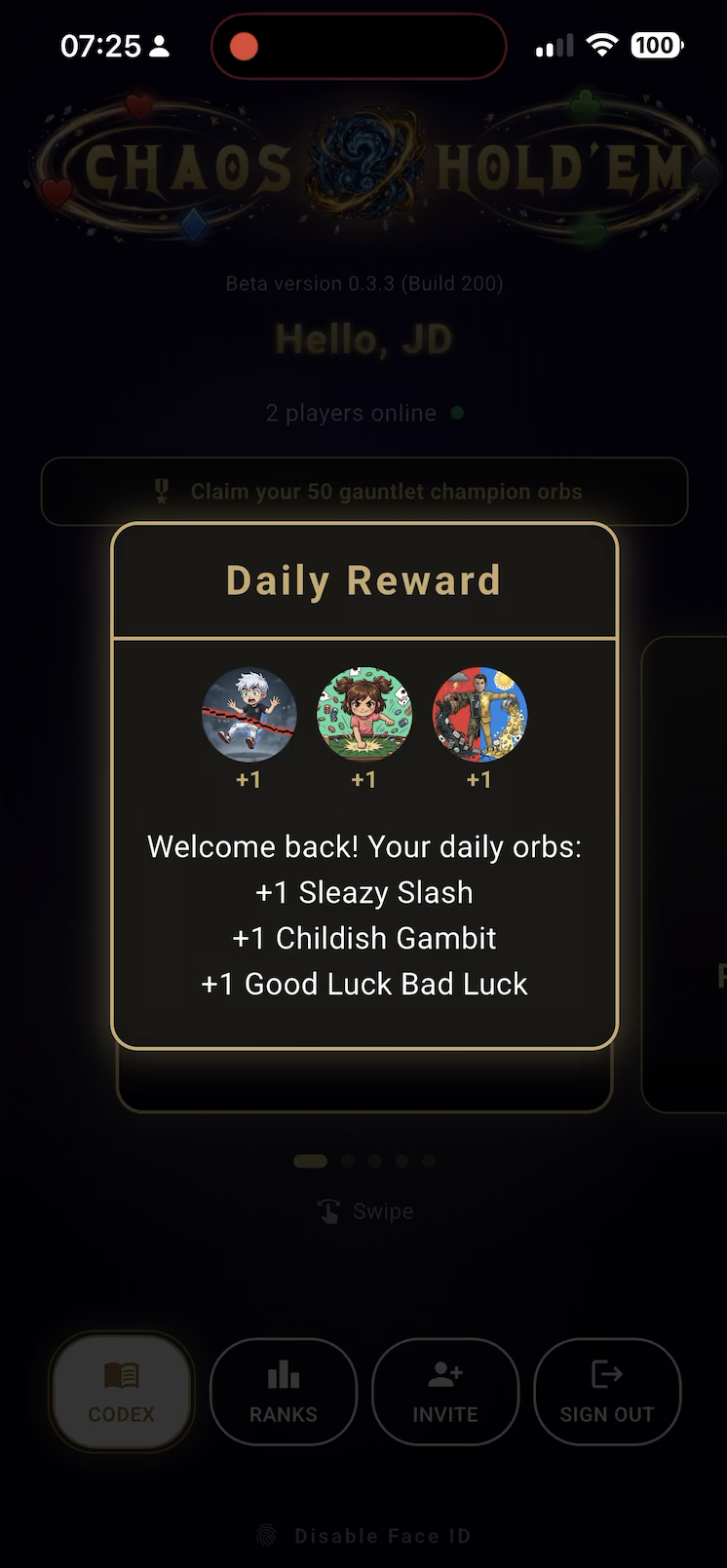 Daily Reward screen — welcome back, three bonus orbs granted