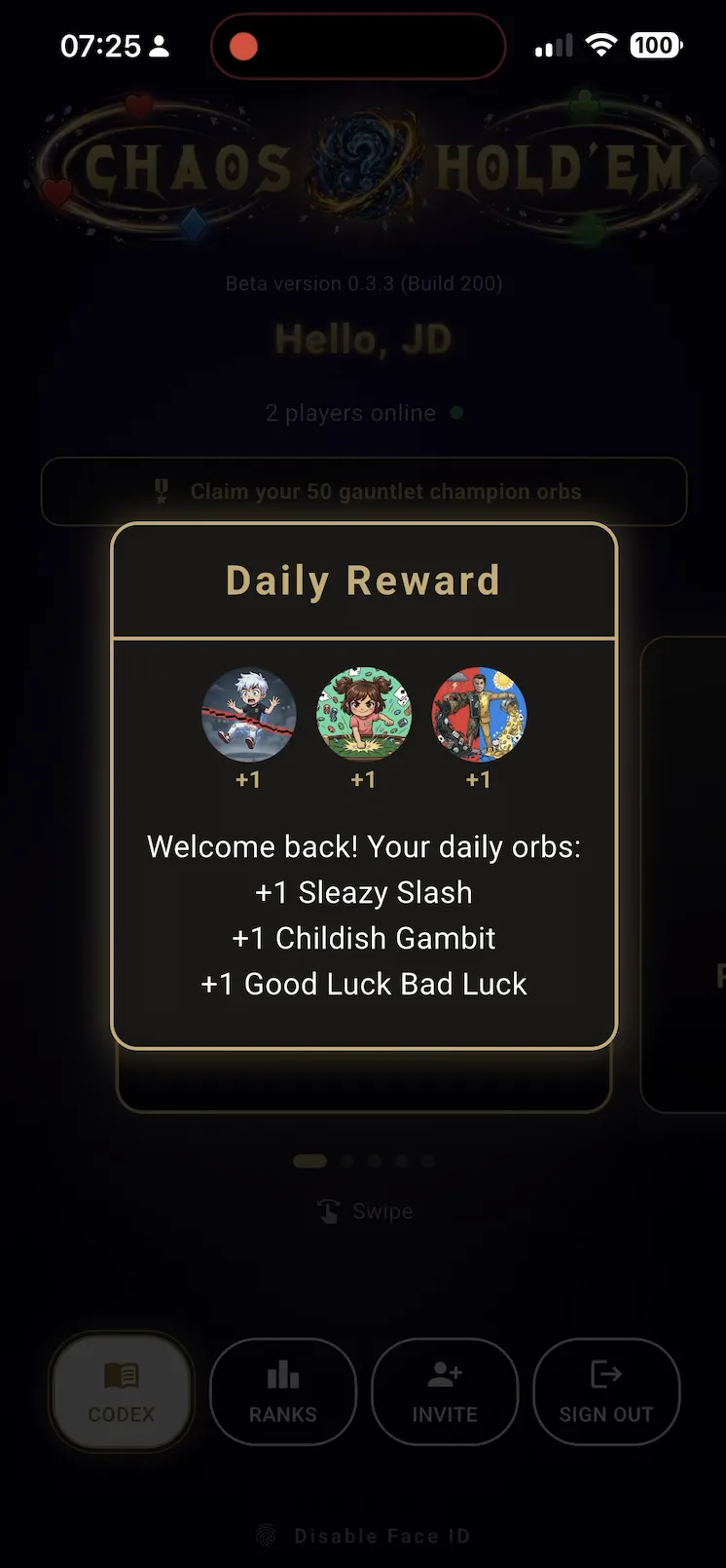 The daily reward screen granting a new Chaos Orb