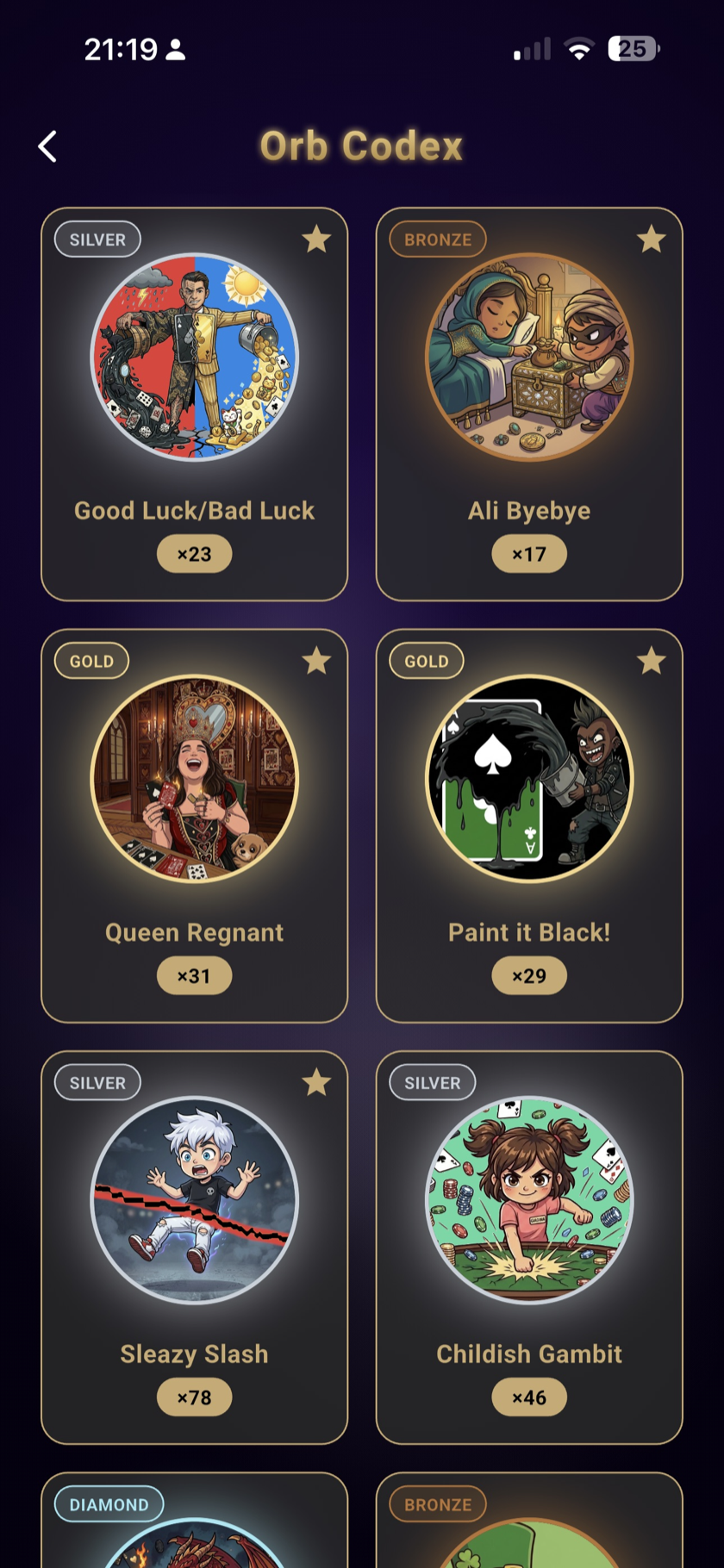 The Orb Codex screen — collected orbs with rarity tier badges and counts