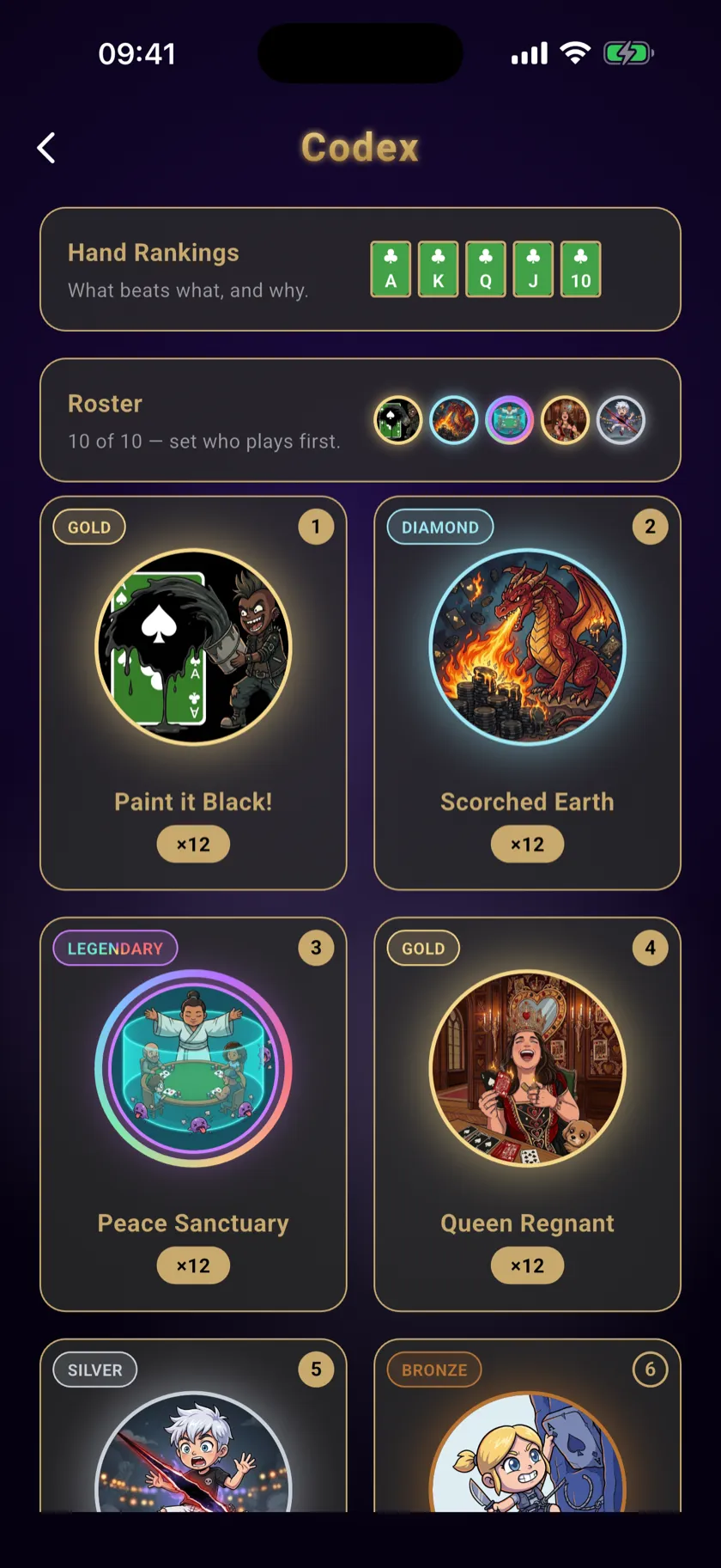 The Codex — the roster of ten, then every collected orb with its rarity tier and count