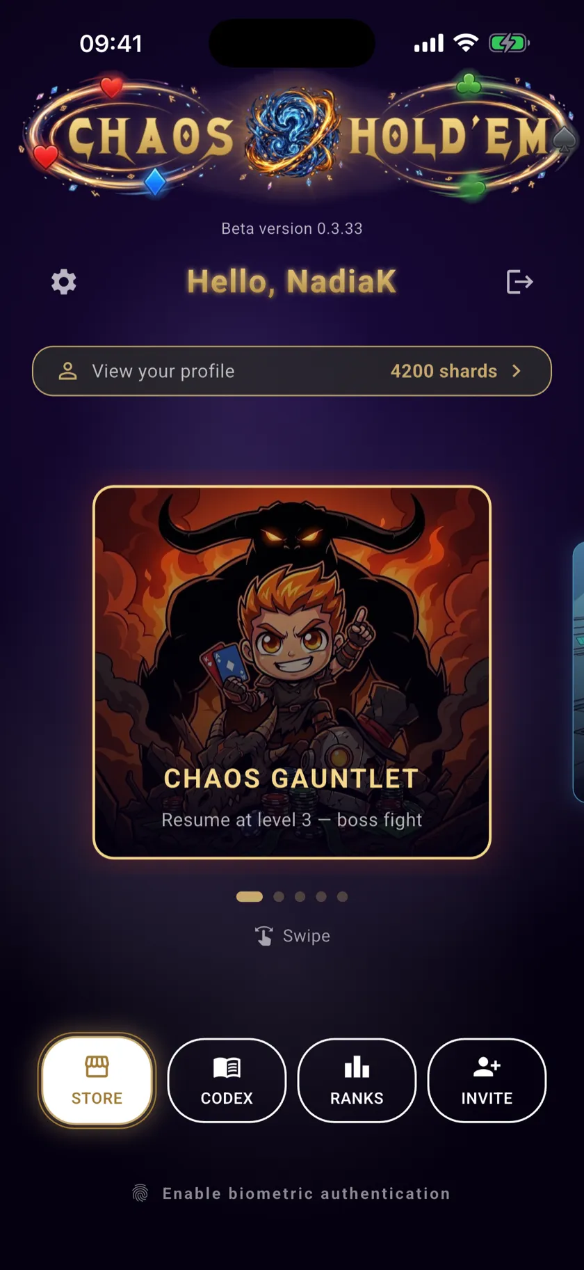 The main menu offering to resume the Chaos Gauntlet at a level 3 boss fight
