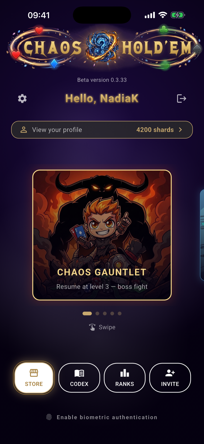 The main menu offering to resume the Chaos Gauntlet at a level 3 boss fight